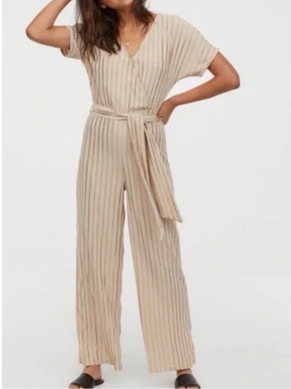 H&M Striped V-Neck Tie-Waist Jumpsuit in Beige